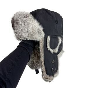 Frr Canada Mens Trapper Aviator Hat Black Gray w Rabbit Fur - Size L/XL
